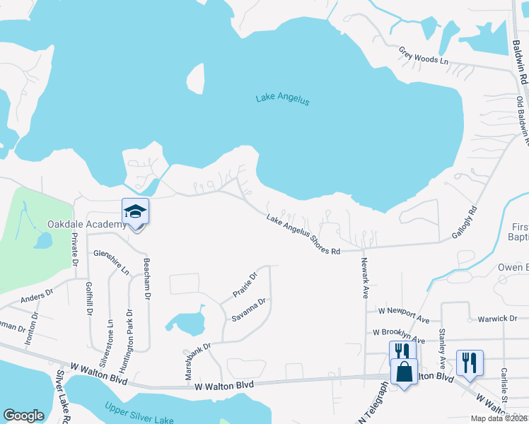 map of restaurants, bars, coffee shops, grocery stores, and more near 841-1011 Lake Angelus Shores in Lake Angelus