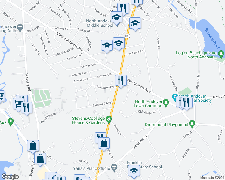 map of restaurants, bars, coffee shops, grocery stores, and more near 6 Fernview Avenue in North Andover