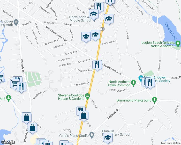 map of restaurants, bars, coffee shops, grocery stores, and more near 8 Fernview Avenue in North Andover