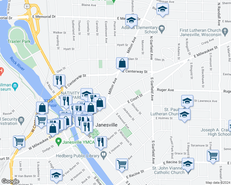 map of restaurants, bars, coffee shops, grocery stores, and more near 607 East Milwaukee Street in Janesville