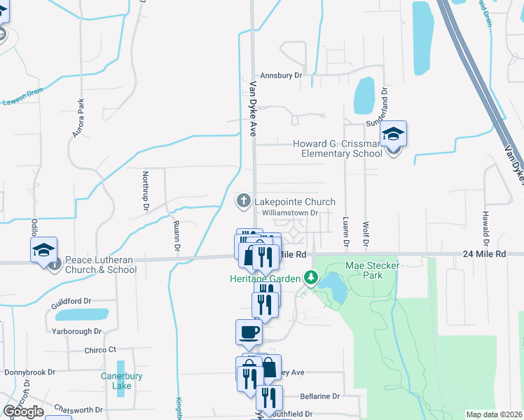 map of restaurants, bars, coffee shops, grocery stores, and more near 53150 Van Dyke Avenue in Macomb County