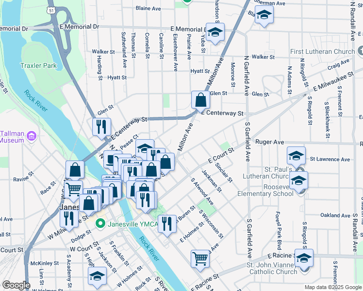 map of restaurants, bars, coffee shops, grocery stores, and more near 235 Milton Avenue in Janesville
