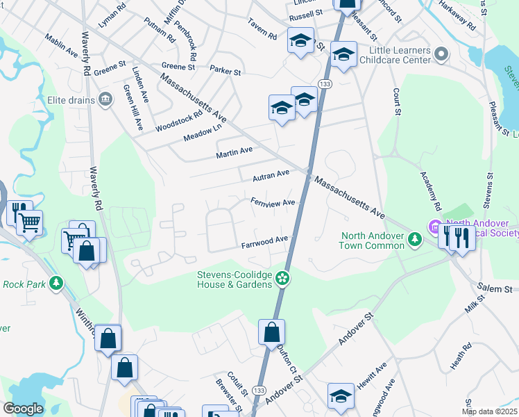 map of restaurants, bars, coffee shops, grocery stores, and more near 52 Fernview Avenue in North Andover