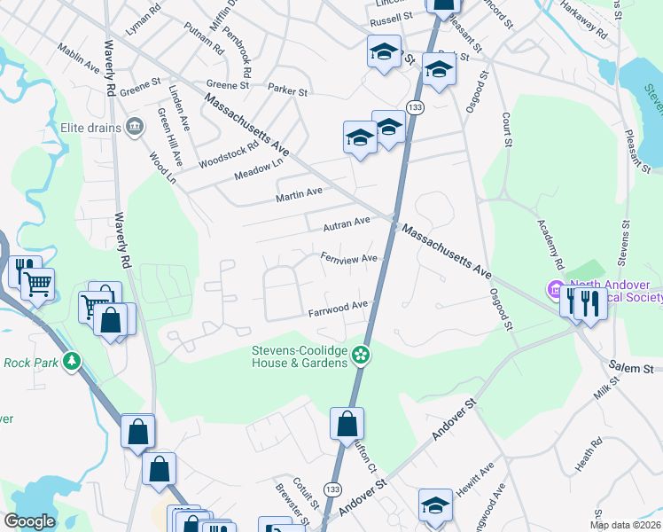 map of restaurants, bars, coffee shops, grocery stores, and more near 39 Farrwood Avenue in North Andover