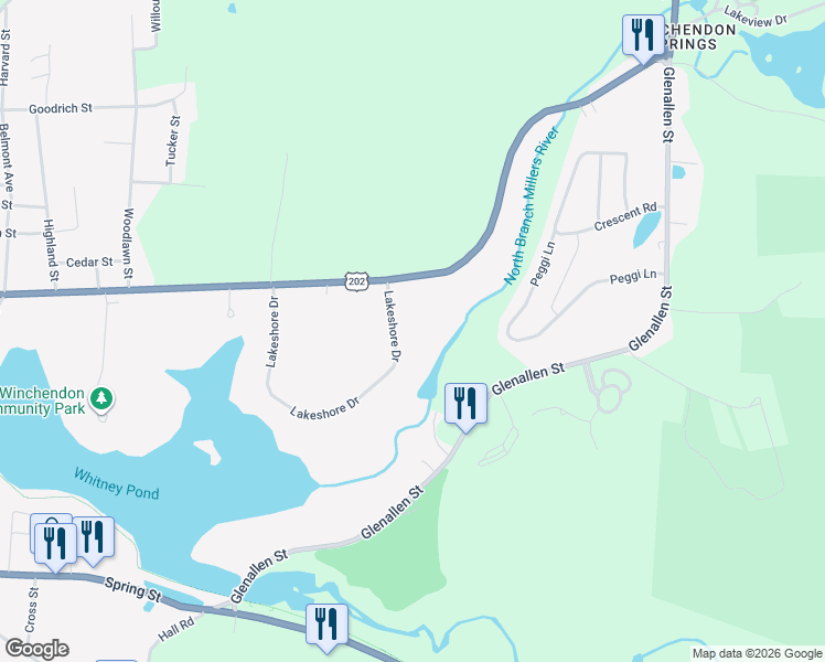 map of restaurants, bars, coffee shops, grocery stores, and more near 60 Lakeshore Drive in Winchendon