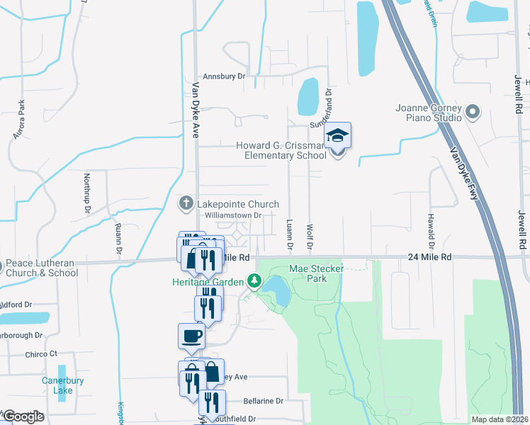 map of restaurants, bars, coffee shops, grocery stores, and more near 53118 Providence East in Macomb County