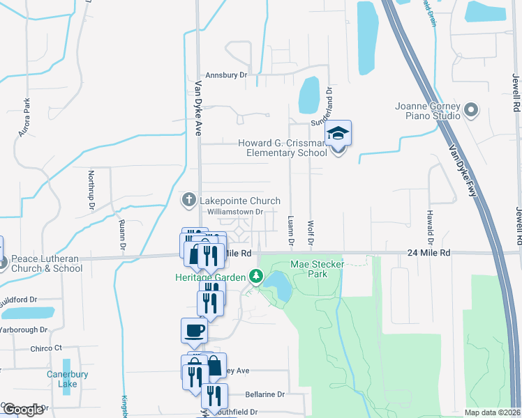 map of restaurants, bars, coffee shops, grocery stores, and more near 53118 Providence East in Macomb County