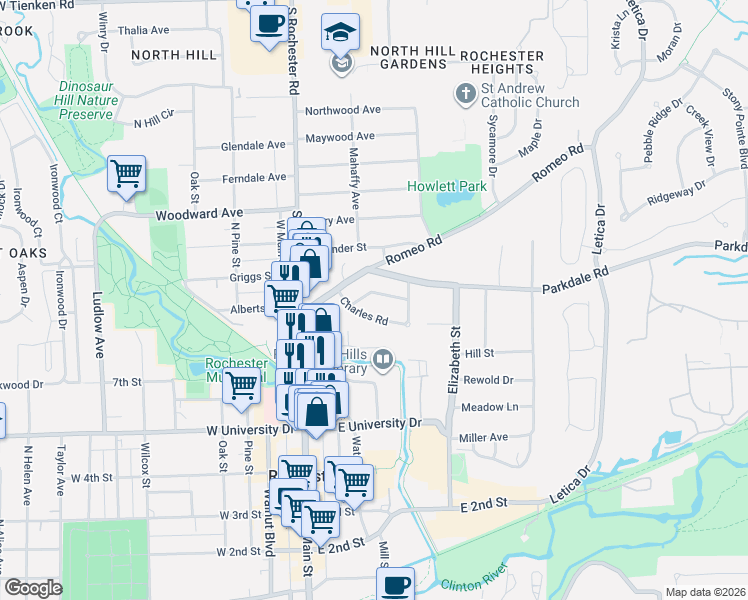 map of restaurants, bars, coffee shops, grocery stores, and more near 206 Charles Road in Rochester