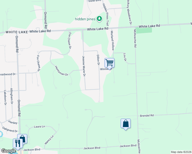 map of restaurants, bars, coffee shops, grocery stores, and more near 5350 Dillon Drive in White Lake charter Township