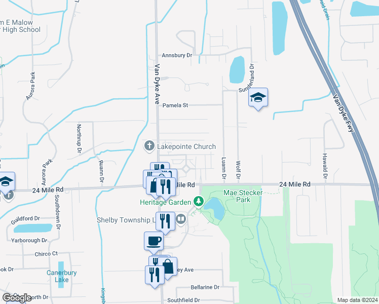 map of restaurants, bars, coffee shops, grocery stores, and more near 8288 Williamstown Drive in Macomb County
