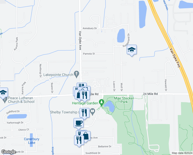 map of restaurants, bars, coffee shops, grocery stores, and more near 8284 Williamstown Drive in Macomb County