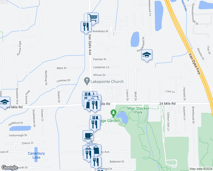 map of restaurants, bars, coffee shops, grocery stores, and more near 8264 Williamstown Drive in Macomb County
