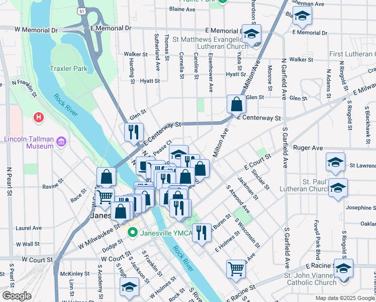 map of restaurants, bars, coffee shops, grocery stores, and more near 408 Prospect Avenue in Janesville