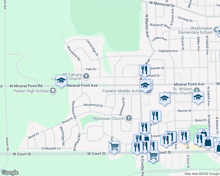 map of restaurants, bars, coffee shops, grocery stores, and more near 2814 Alexandria Place in Janesville