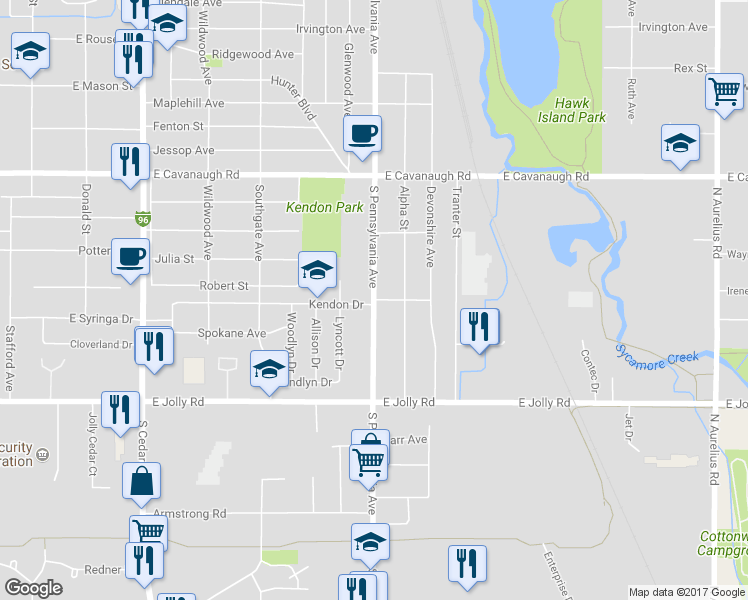 map of restaurants, bars, coffee shops, grocery stores, and more near 4723 South Pennsylvania Avenue in Lansing