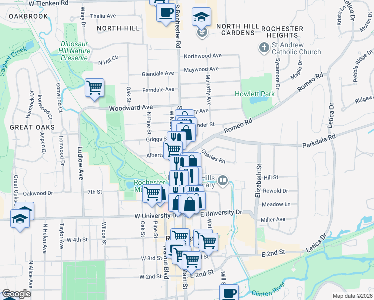map of restaurants, bars, coffee shops, grocery stores, and more near 100 Romeo Road in Rochester