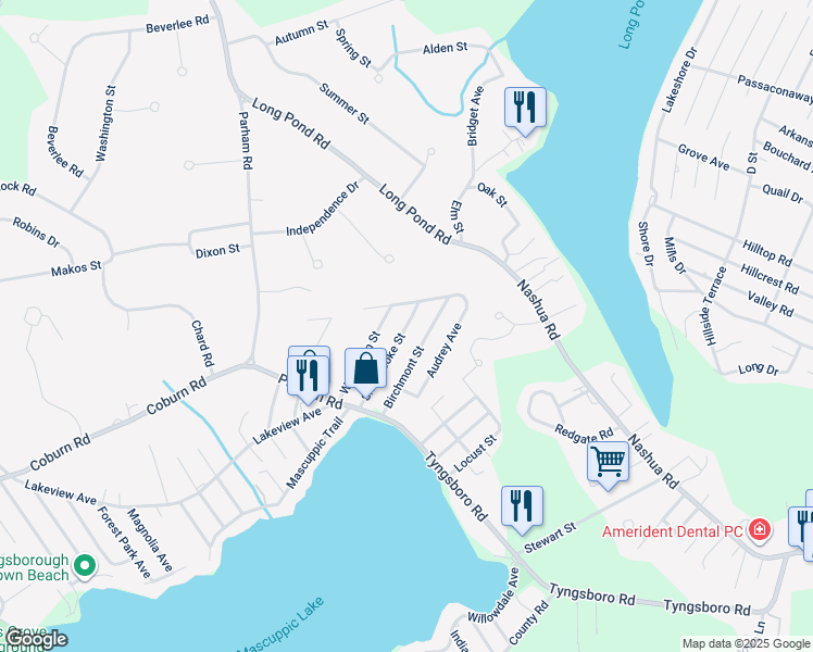 map of restaurants, bars, coffee shops, grocery stores, and more near 24 Birchmont Street in Tyngsborough