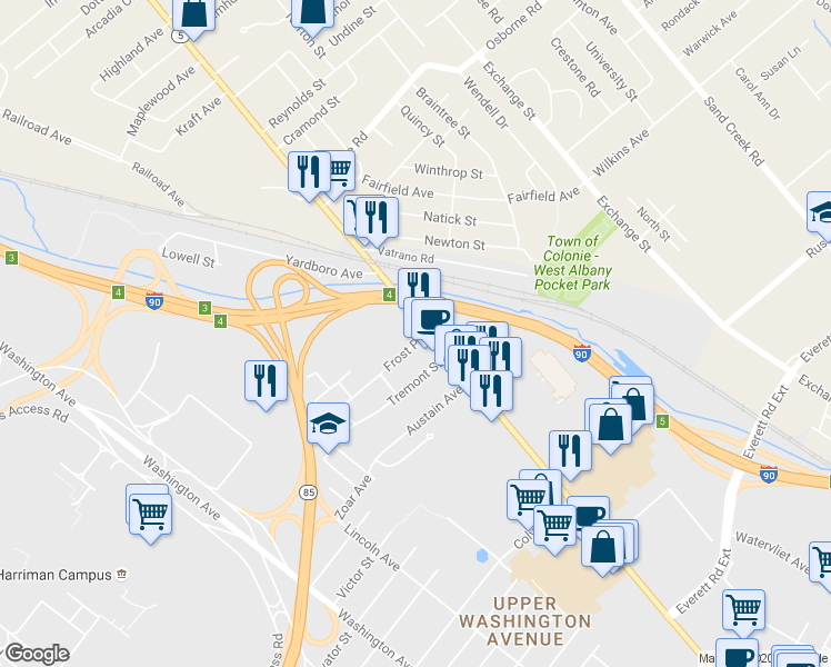 map of restaurants, bars, coffee shops, grocery stores, and more near 1040 Central Avenue in Albany