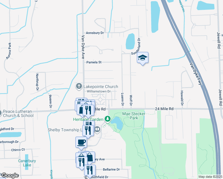 map of restaurants, bars, coffee shops, grocery stores, and more near 53118 Providence East in Macomb County