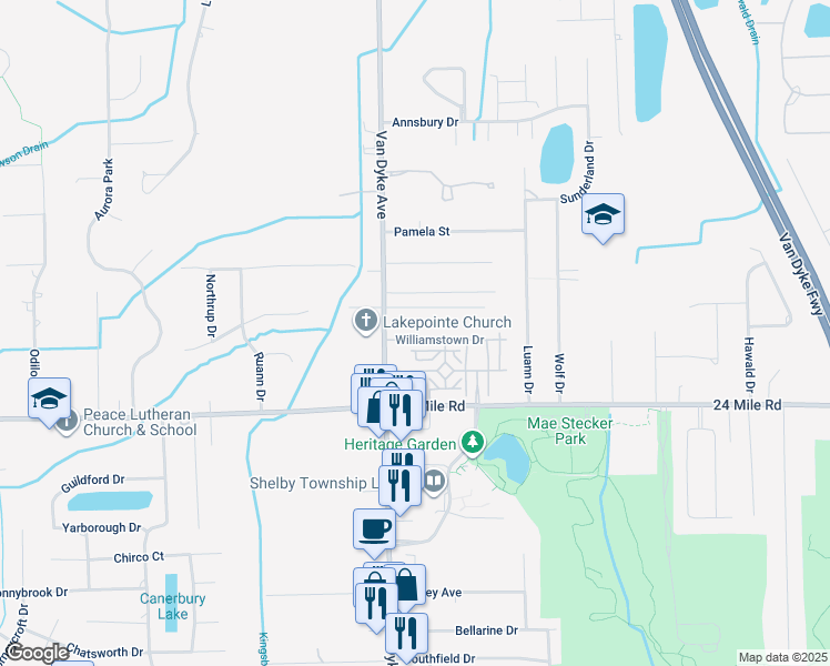 map of restaurants, bars, coffee shops, grocery stores, and more near 53150 Van Dyke Avenue in Macomb County