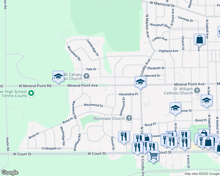 map of restaurants, bars, coffee shops, grocery stores, and more near 2814 Alexandria Place in Janesville