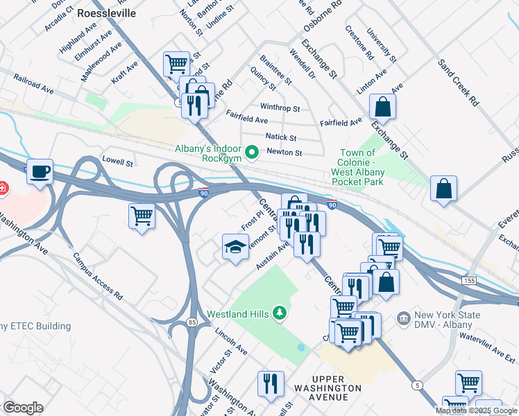 map of restaurants, bars, coffee shops, grocery stores, and more near 1040 Central Avenue in Albany