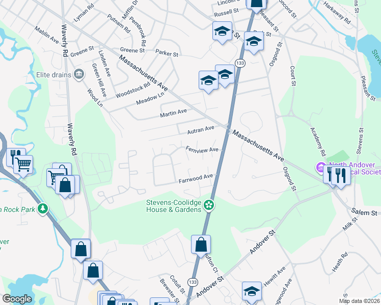 map of restaurants, bars, coffee shops, grocery stores, and more near 54 Fernview Avenue in North Andover
