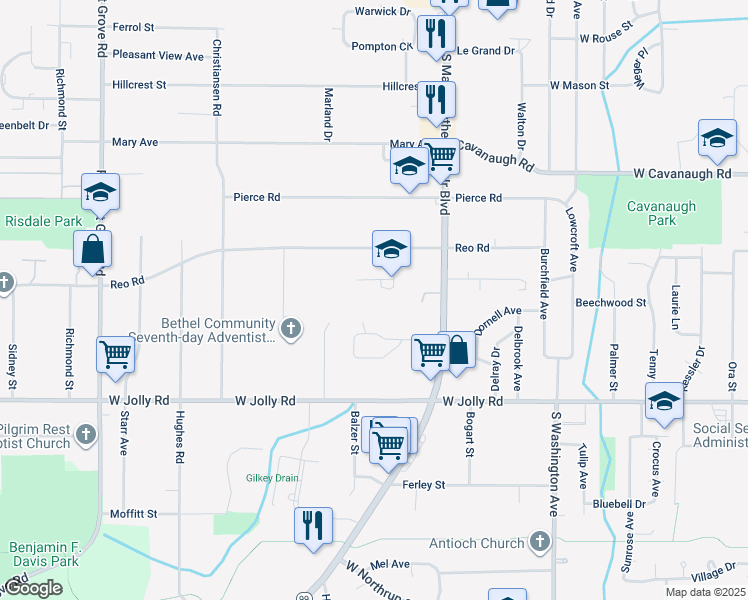 map of restaurants, bars, coffee shops, grocery stores, and more near 1221 Reo Road in Lansing