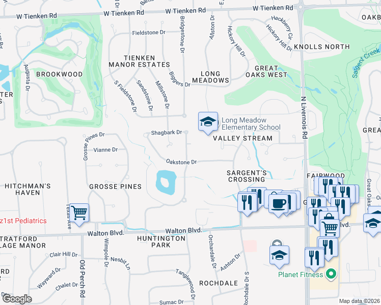 map of restaurants, bars, coffee shops, grocery stores, and more near 284 Shagbark Drive in Rochester Hills