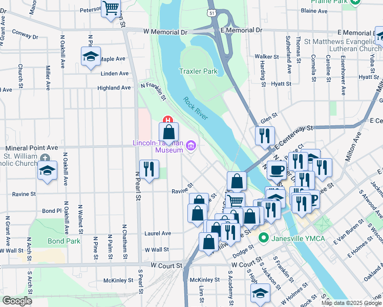 map of restaurants, bars, coffee shops, grocery stores, and more near 440 North Jackson Street in Janesville