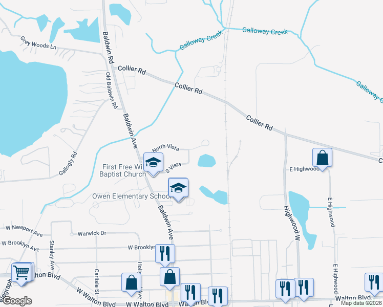 map of restaurants, bars, coffee shops, grocery stores, and more near 111 South Vista Drive in Auburn Hills