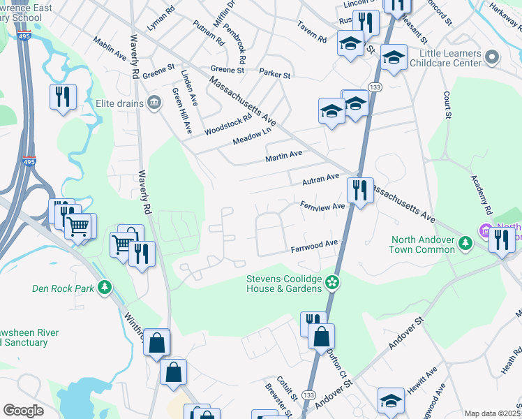 map of restaurants, bars, coffee shops, grocery stores, and more near 112 Autran Avenue in North Andover