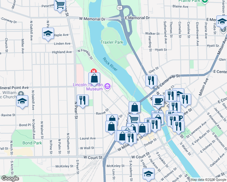 map of restaurants, bars, coffee shops, grocery stores, and more near North Franklin Street in Janesville