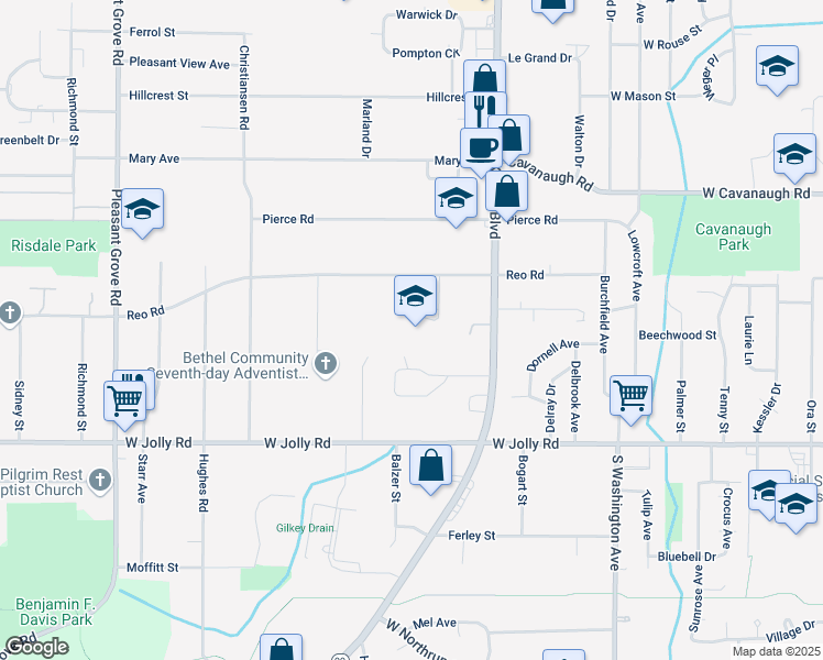 map of restaurants, bars, coffee shops, grocery stores, and more near 1221 Reo Road in Lansing