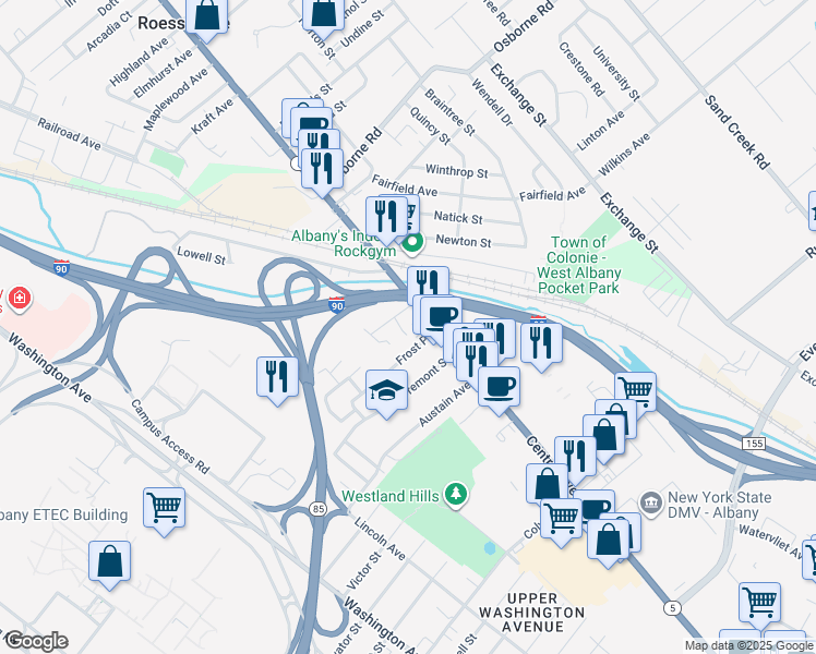 map of restaurants, bars, coffee shops, grocery stores, and more near Interstate 90 in Albany