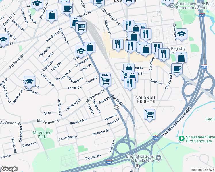 map of restaurants, bars, coffee shops, grocery stores, and more near 366 South Broadway in Lawrence