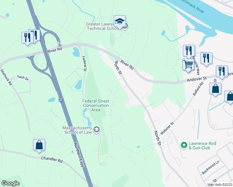map of restaurants, bars, coffee shops, grocery stores, and more near 300 Brookside Drive in Andover