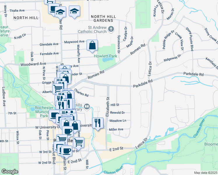 map of restaurants, bars, coffee shops, grocery stores, and more near 433 Parkdale Avenue in Rochester