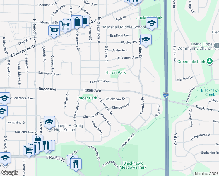 map of restaurants, bars, coffee shops, grocery stores, and more near 2411 Lombard Avenue in Janesville
