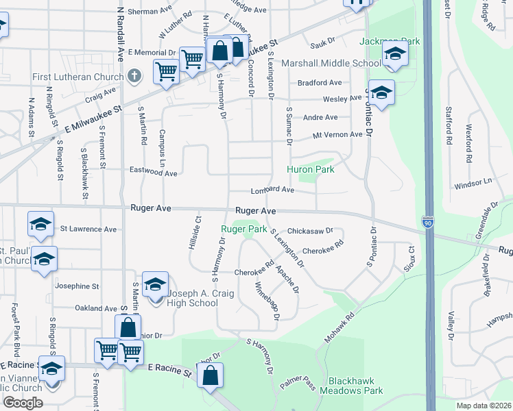 map of restaurants, bars, coffee shops, grocery stores, and more near 2127 Lombard Avenue in Janesville
