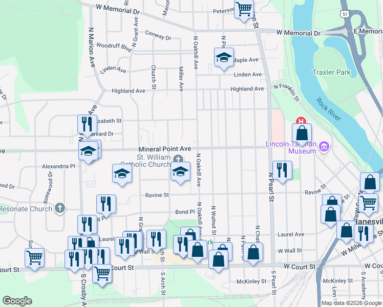 map of restaurants, bars, coffee shops, grocery stores, and more near 1816 Mineral Point Avenue in Janesville