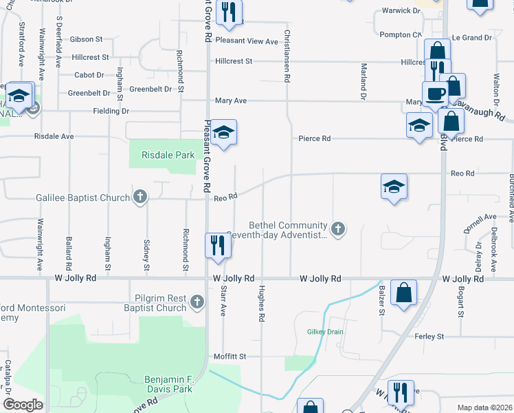 map of restaurants, bars, coffee shops, grocery stores, and more near 4704 Hughes Road in Lansing