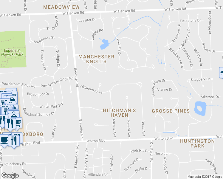map of restaurants, bars, coffee shops, grocery stores, and more near 2197 Arizona Avenue in Rochester Hills