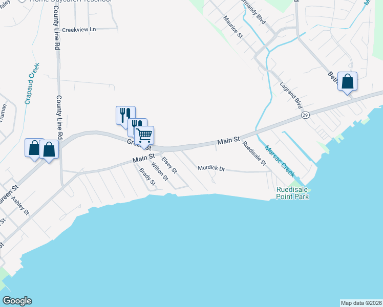 map of restaurants, bars, coffee shops, grocery stores, and more near 38016 Main Street in New Baltimore
