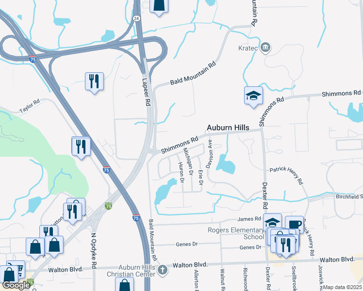 map of restaurants, bars, coffee shops, grocery stores, and more near 2700 Shimmons Road in Auburn Hills