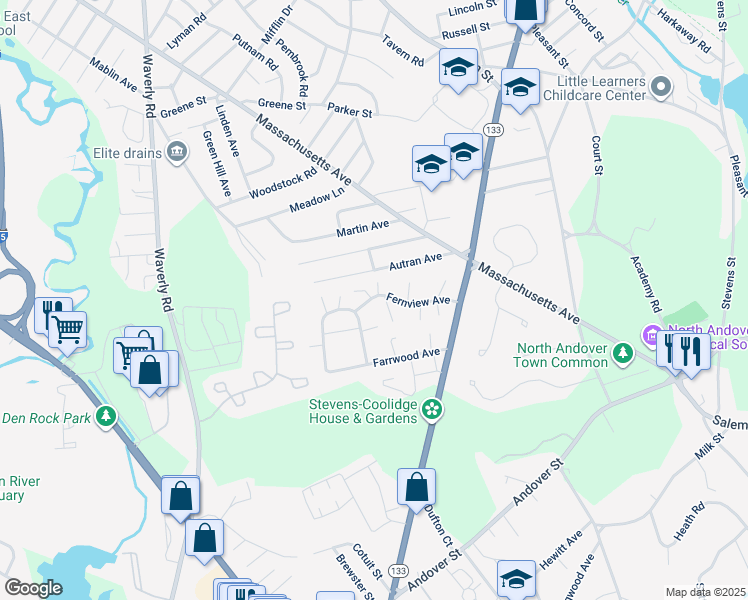map of restaurants, bars, coffee shops, grocery stores, and more near 74 Autran Avenue in North Andover