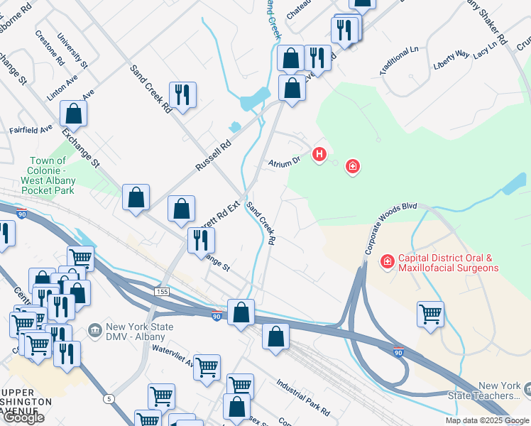 map of restaurants, bars, coffee shops, grocery stores, and more near 3 County Road 155 in Albany