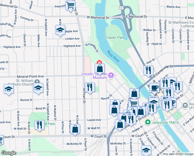 map of restaurants, bars, coffee shops, grocery stores, and more near 510 North Terrace Street in Janesville