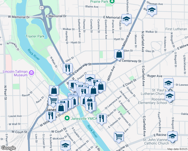 map of restaurants, bars, coffee shops, grocery stores, and more near 429 Prospect Avenue in Janesville