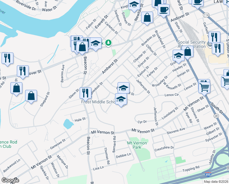 map of restaurants, bars, coffee shops, grocery stores, and more near 12 Beresford Street in Lawrence